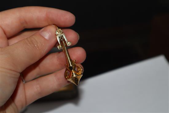 A near pair of ornate 19th century yellow metal drop earrings, 48mm & 52mm.
